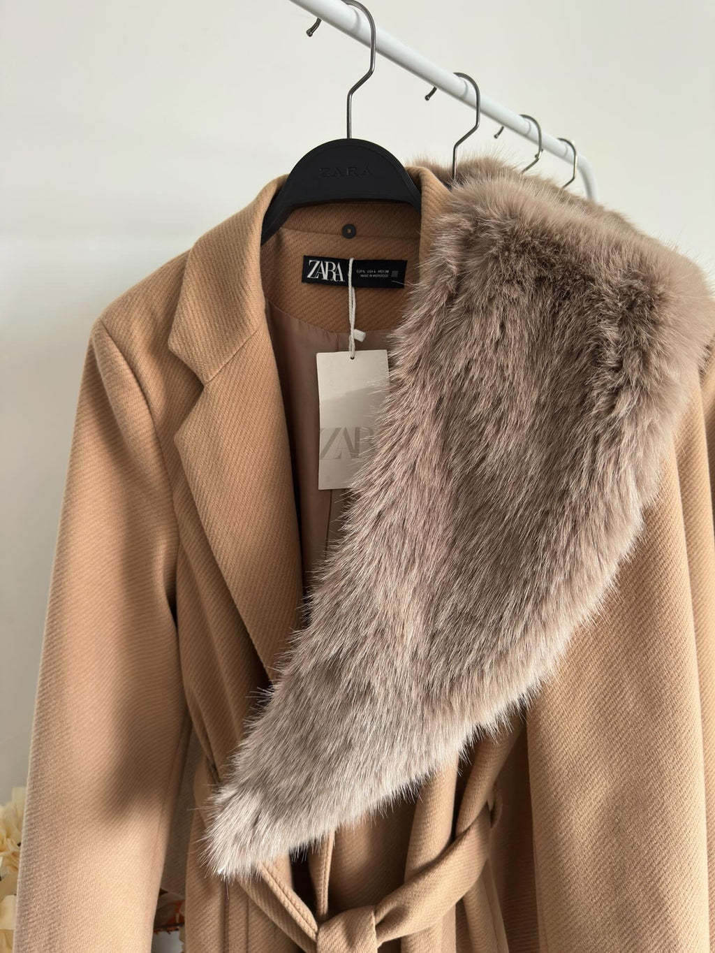 Belted Camel Coat with Fur Collar