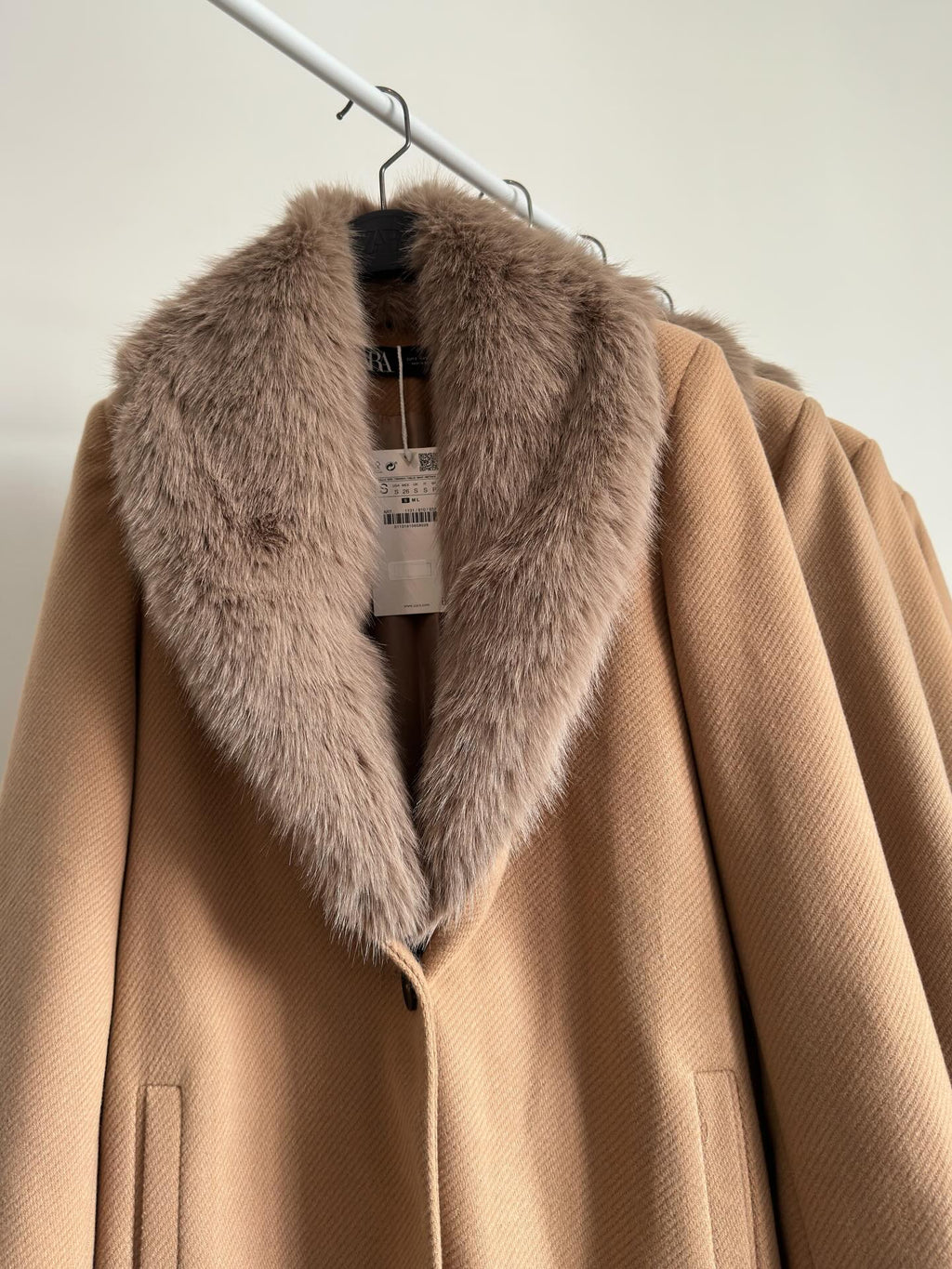 Belted Camel Coat with Fur Collar
