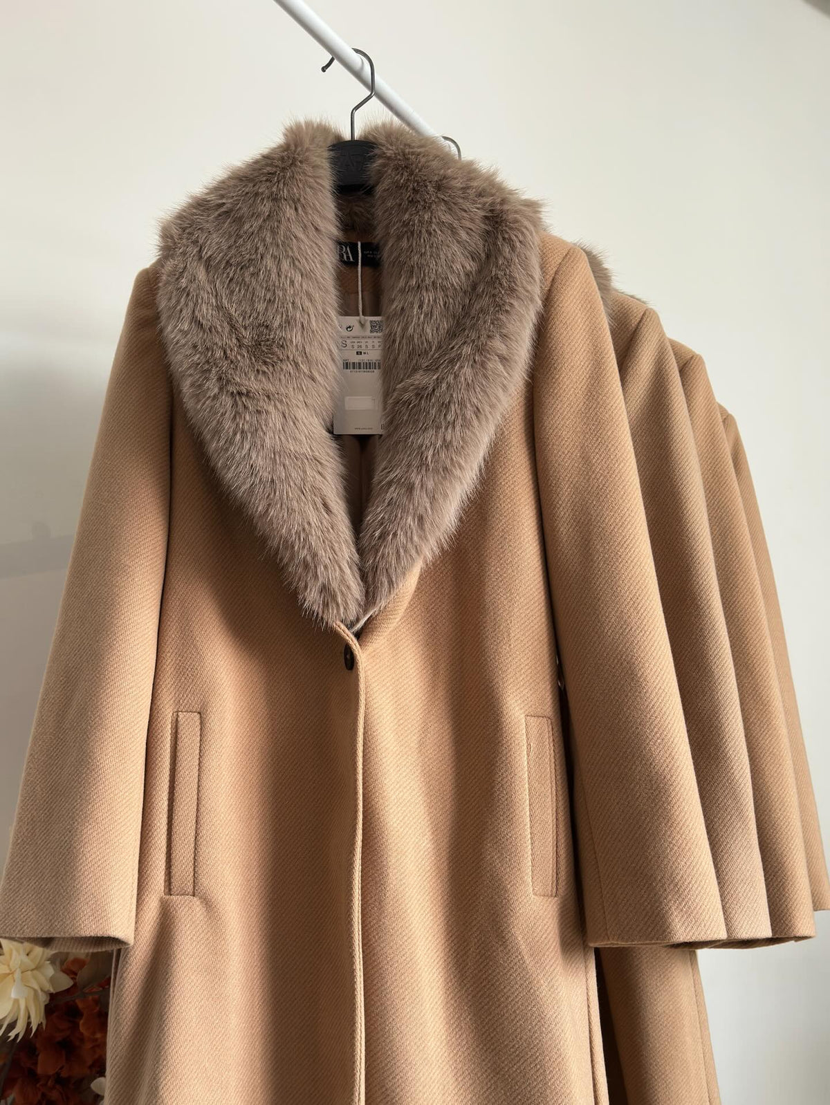 Belted Camel Coat with Fur Collar