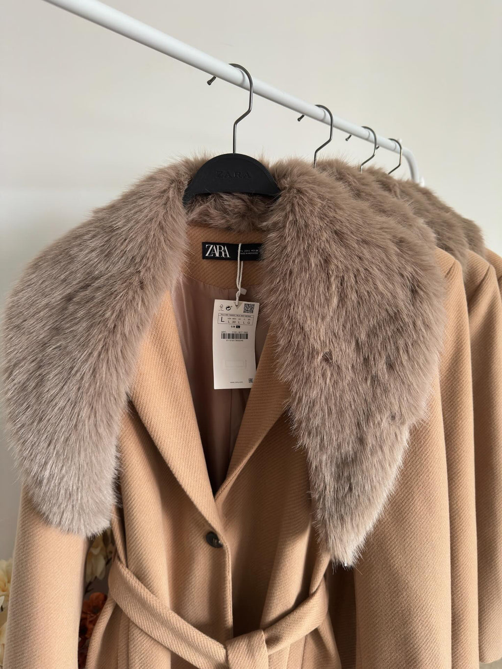 Belted Camel Coat with Fur Collar