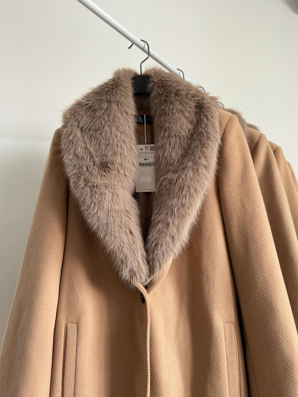 Belted Camel Coat with Fur Collar