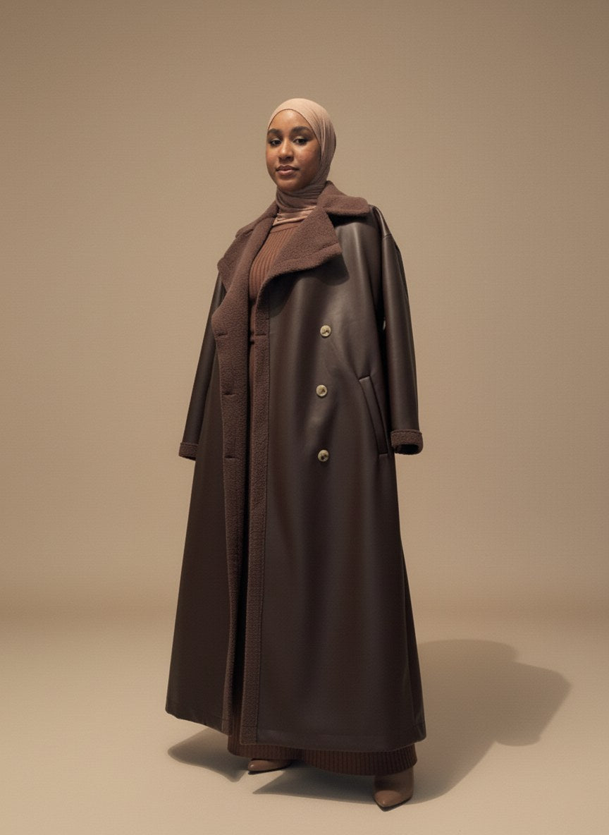 Woman in a long brown coat with a sherpa collar, worn over a ribbed knit and a blush scarf.
